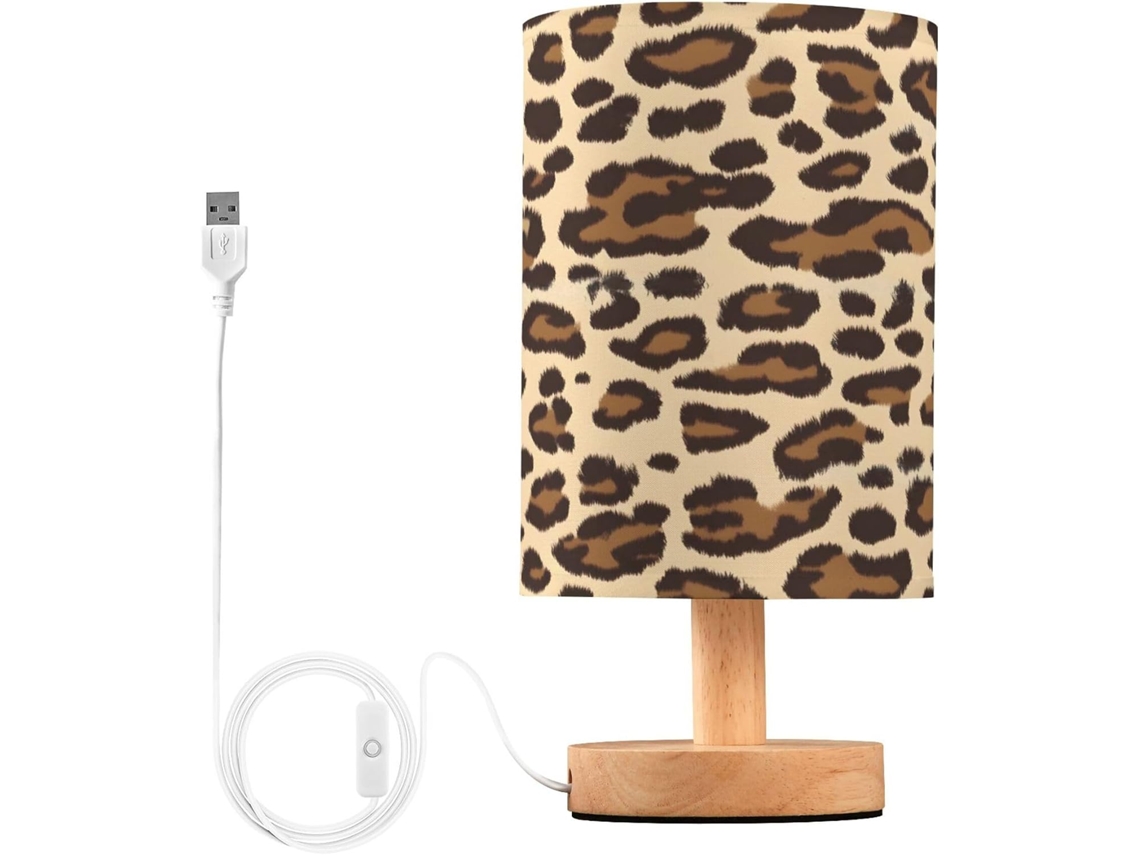 Abajur De Cabeceira Led Com Estampa Leopardo Para Quarto, Luminária De Leitura Com Cúpula Tecido, Base De Madeira E