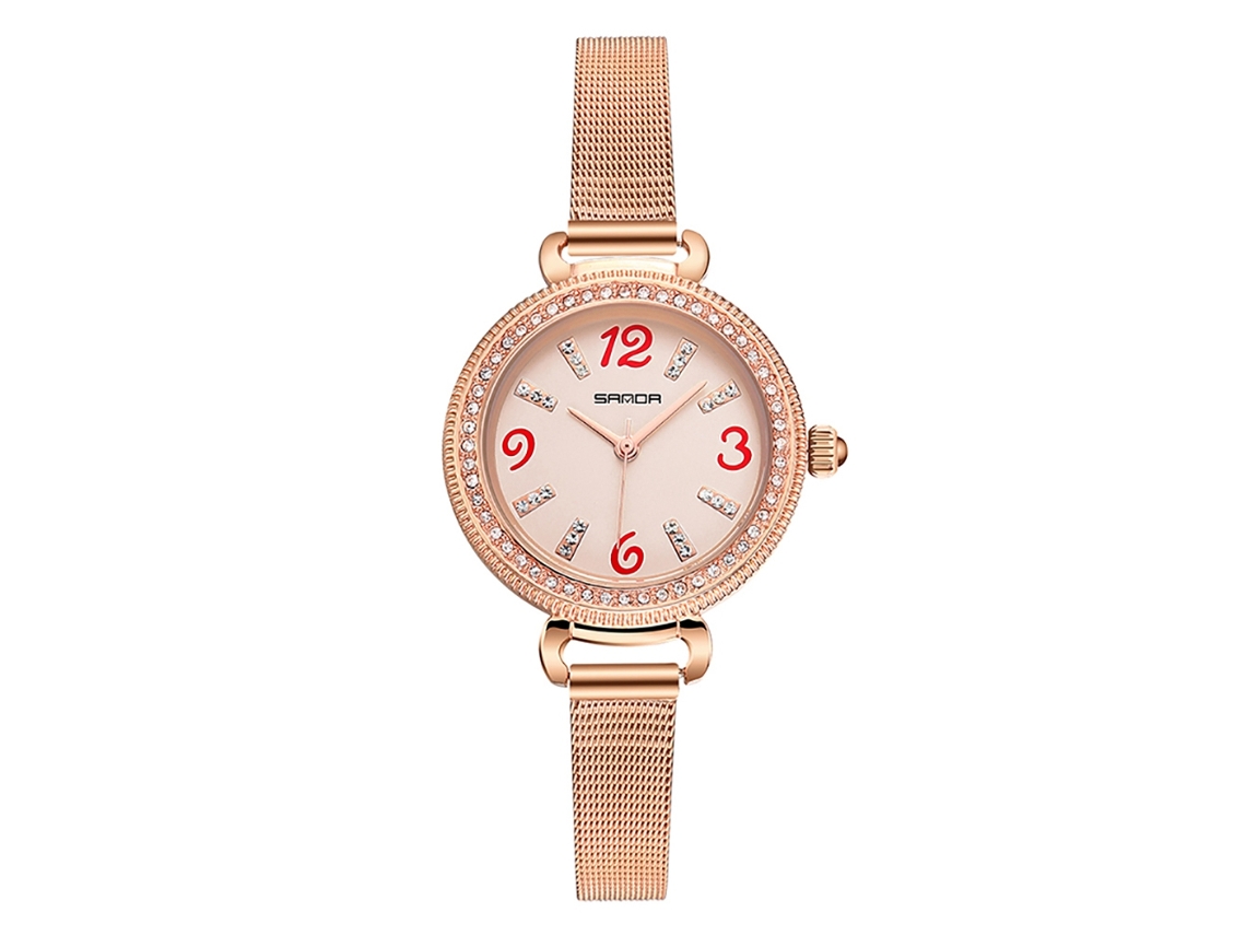 Relógio Vintage Feminino de Quartzo com Pulseira de Aço e Strass Dourado Rosa