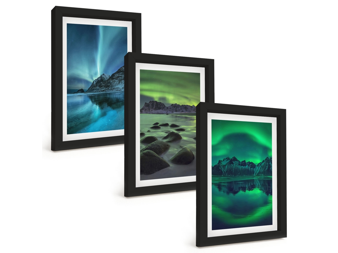 Pinturas Murais Modernaspaisagem De Inverno, Aurora Boreal, Montanha Moldura Preta Pinturas De Quarto Espelharte (3 Peças 20x30 Cm)