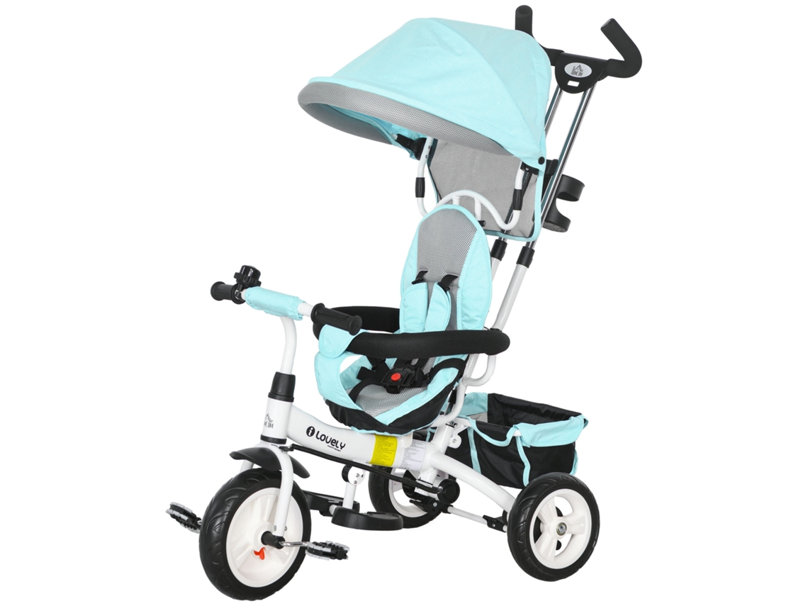 Triciclo Evolutivo para Bebés de +12 Meses 2 em 1 com Toldo Dobrável Guiador Cinto de Segurança e Cesto 95x50x106 Cm Verde Mint