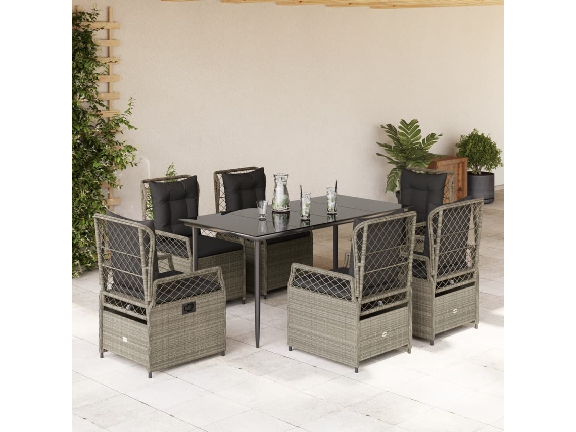 7 Pcs Conj. Jantar P/ Jardim C/ Almofadões Vime Pe Cinza Claro Dkd Home Decor