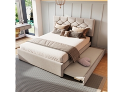 Cama Estofada 140x200 Cm Com Ripas, Gaveta, Veludo Minimalista Bege.