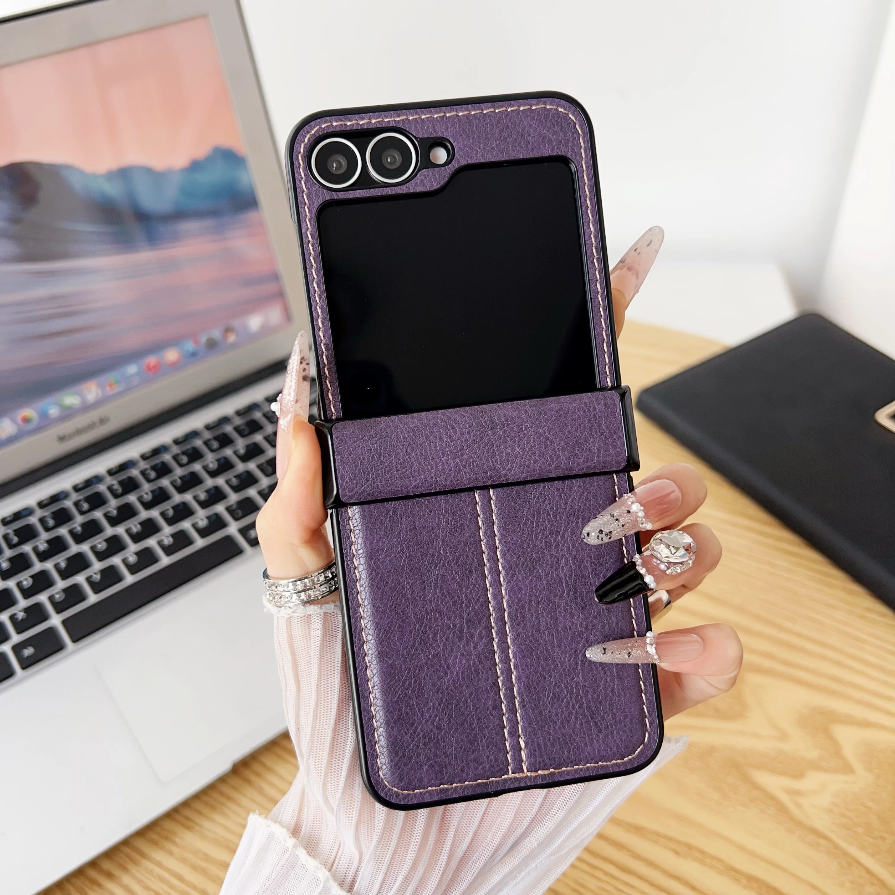 (roxo, Galaxy Z Flip7) Capa Flip Para Celular Estilo Retrô, Com Textura De Couro, Feita Em Pu Resistente A Quedas.
