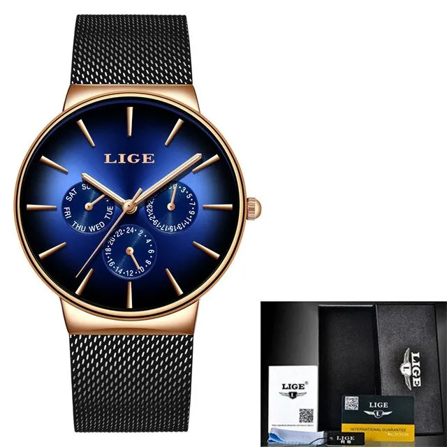 Relógio De Pulso Huashi Fashion Watch (preto E Azul) Quartz Mesh Steel À Prova D'água Ultrafino