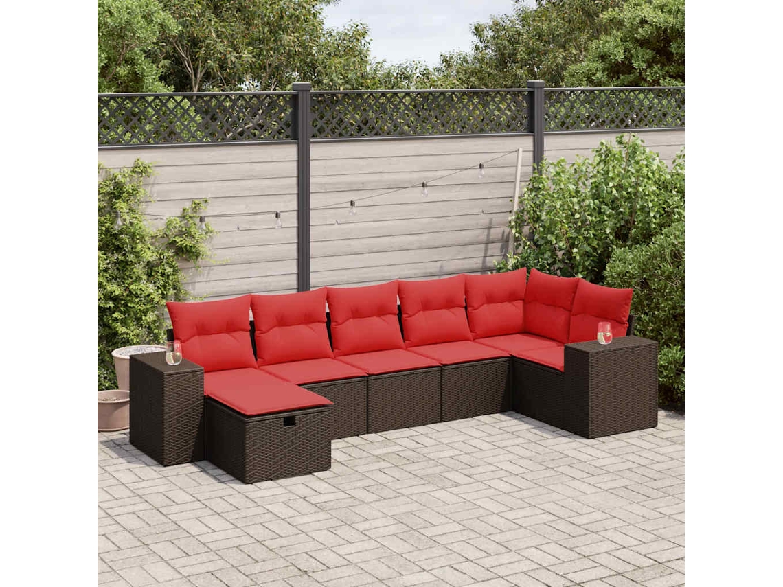 Vidaxl 7 Pcs Conjunto De Sofás Jardim C/ Almofadões Vime Pe Castanho