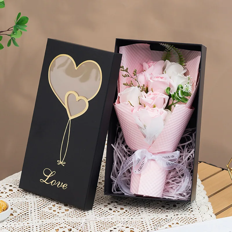 Caixa De Presente Com Rosas Artificiais (cor-de-rosa), Buquê De Simulação Feito À Mão, Presente Criativo Para O Dia Dos Namorados.