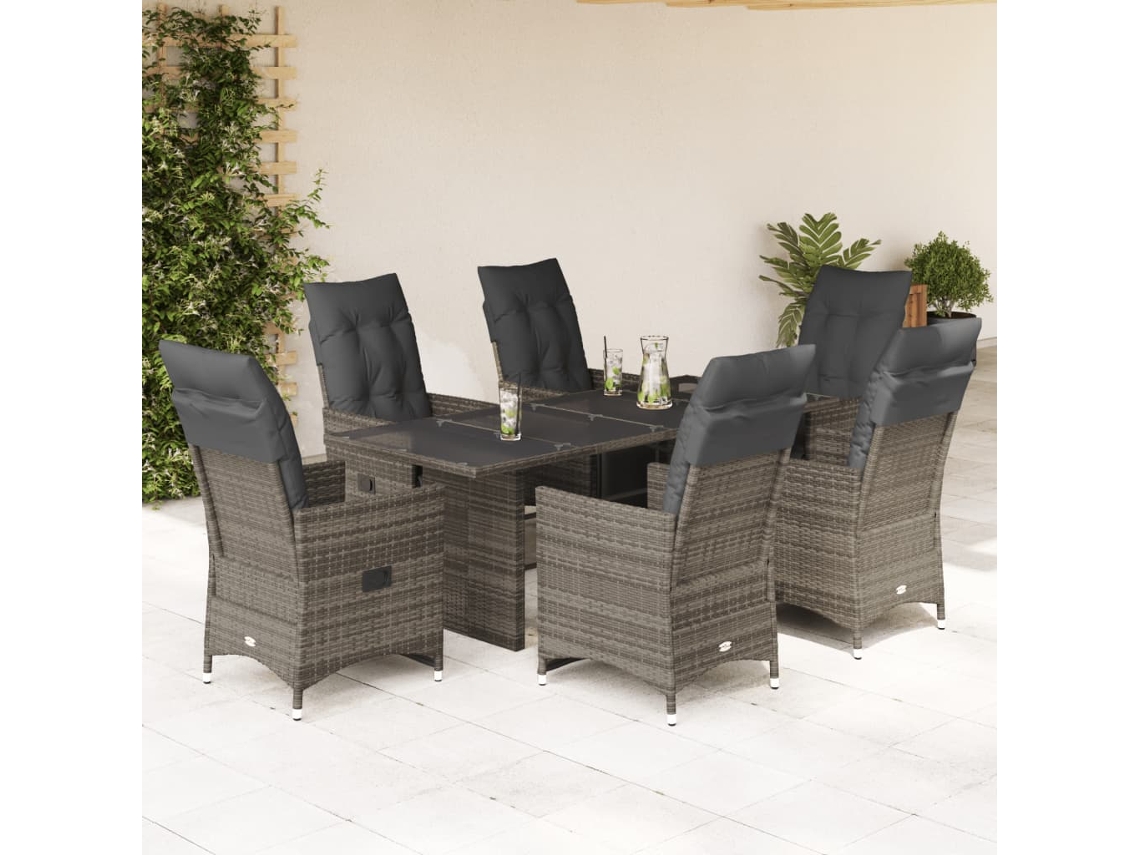 Vidaxl 7 Pcs Conjunto Bistrô de Jardim C/ Almofadões Vime Pe Cinza