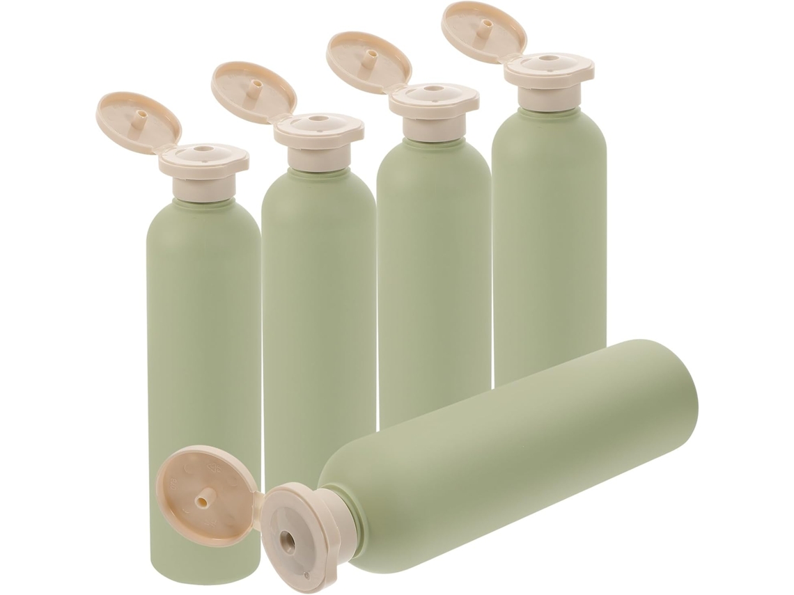Conjunto de 5 frascos recarregáveis de 250ml para gel de banho e shampoo com tampa.
