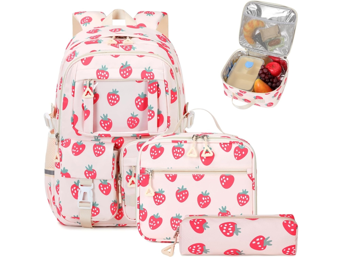 Conjunto de Mochila Escolar com Estojo e Lancheira CUICH (cor Morango)