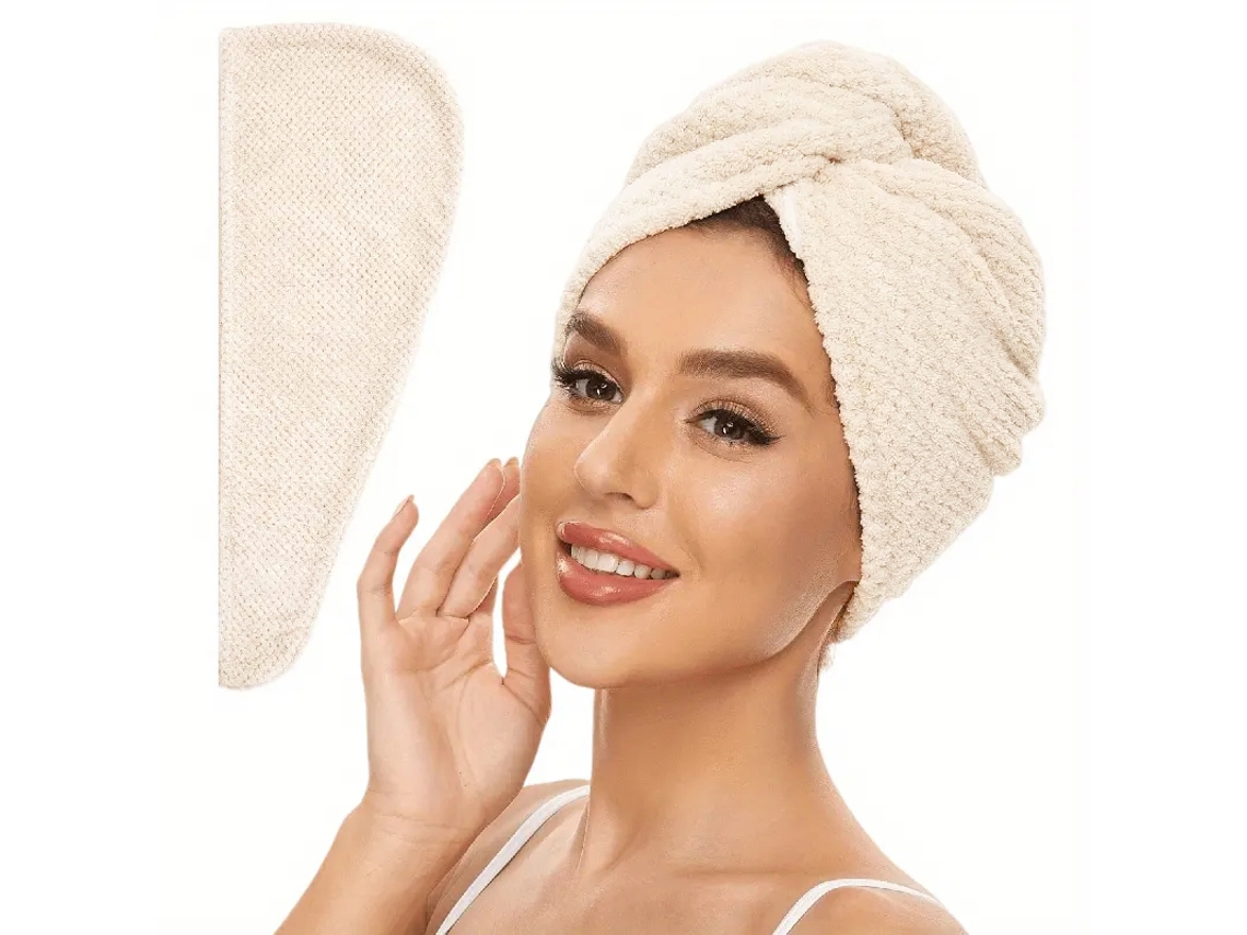 Toalha Feminina Absorvente para Secar o Cabelo com Xale de Botão. MDUG (bege, 25 Cm X 65 Cm)