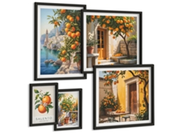 Conjunto De Pinturas Veado Com Chifres, Flores, Van Moldura Preta Quadros Para A Sala De Estar Espelharte (conjunto De 5 Imagens)