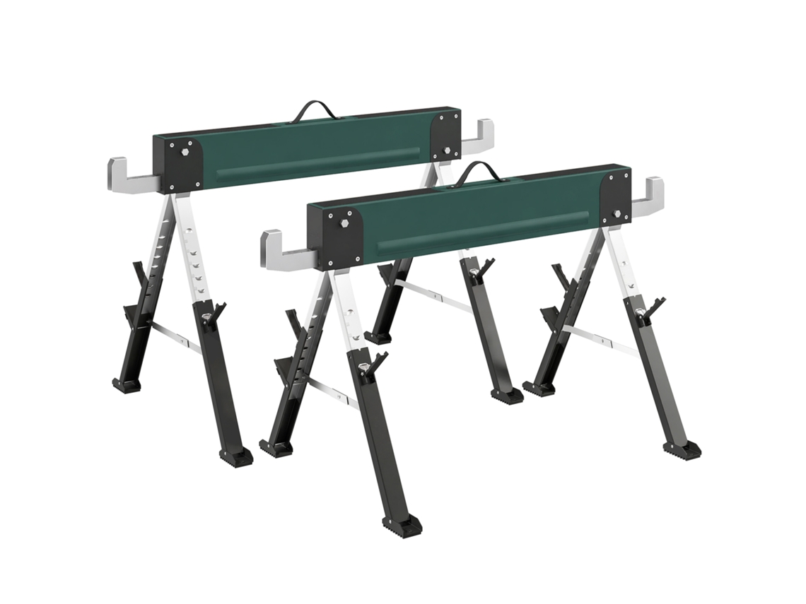 Conjunto De 2 Cavaletes Metálicos Dobráveis, Carga Máxima De 1160 Kg, Altura Ajustável De 64 A 81 Cm, Alça Para Transporte, Cor Verde.