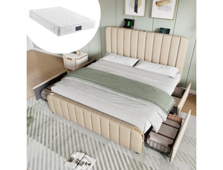 Cama Com Colchão Dupla E Cabeceira E Gavetas Estofada Acolchoada Dourada Usb Pangshiyaun Linho Bege (101x215x147cm)