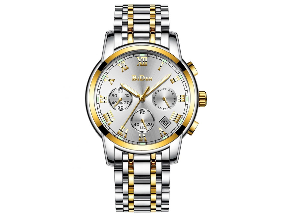 Relógio masculino Biden, aço inoxidável, resistente à água, quartzo, pulseira branca