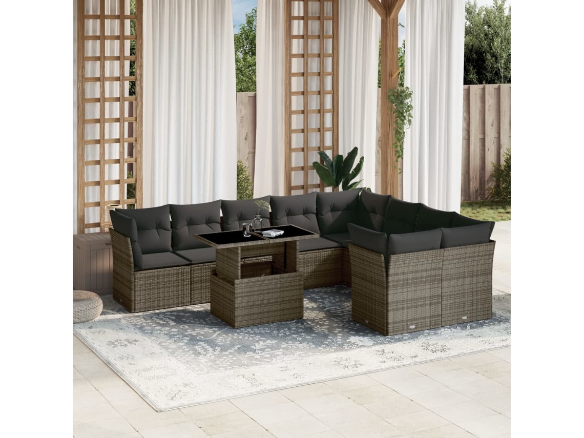 Vidaxl 10 Pcs Conjunto Sofás de Jardim C/ Almofadões Vime Pe Cinzento