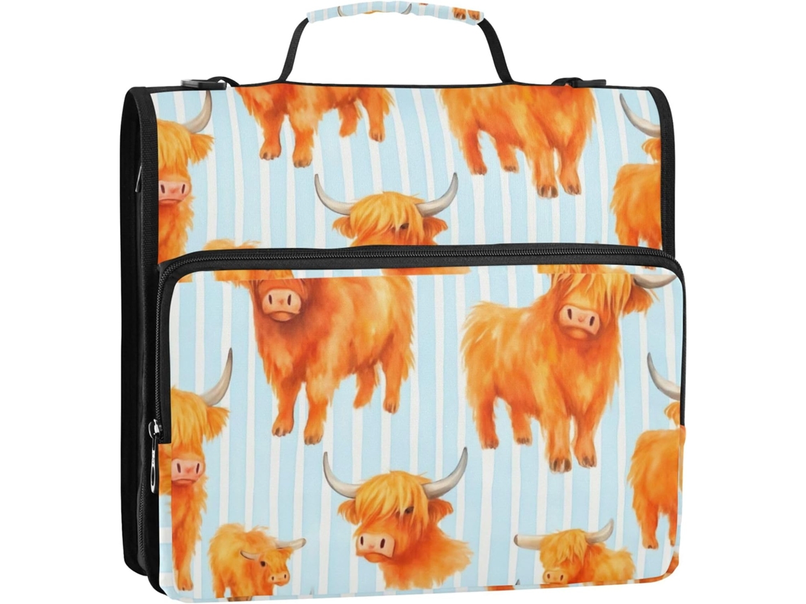 Pasta Highland Cow De 1, 5 Polegadas Com 3 Argolas E Anel Em D, Listras Azuis E Brancas, Fechamento Com Zíper