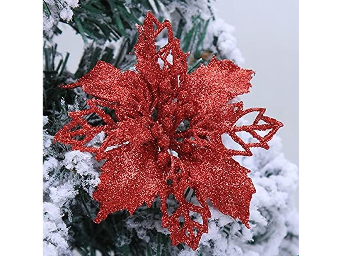 Flores de Natal, Poinsettia, Glitter, 15cm, Vermelho, 10 peças S/MARCA