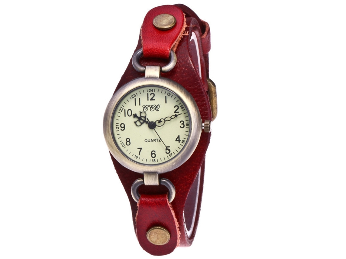 Relógio de Pulso Feminino de Quartzo com Pulseira de Pu Metal Case Pequeno Dial Vermelho