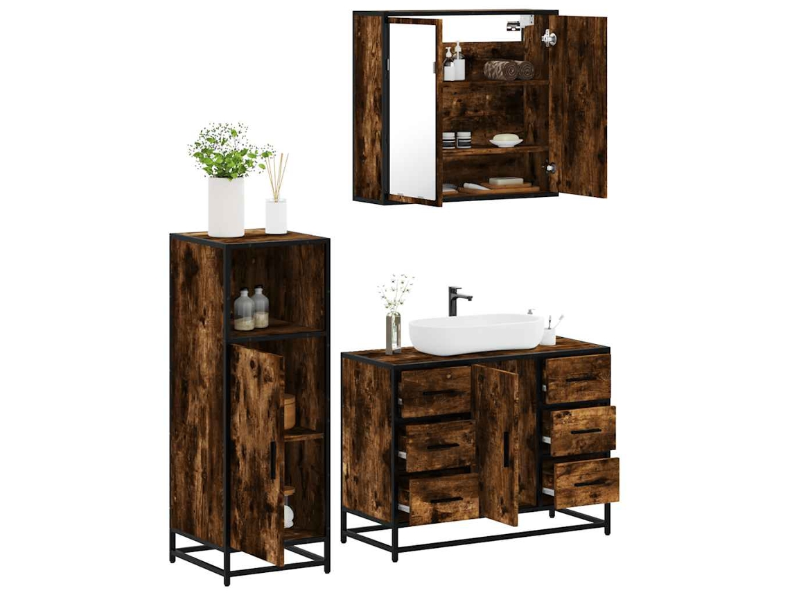 Vidaxl 3 Pcs Conjunto De Móveis Wc Madeira Processada Carvalho Fumado