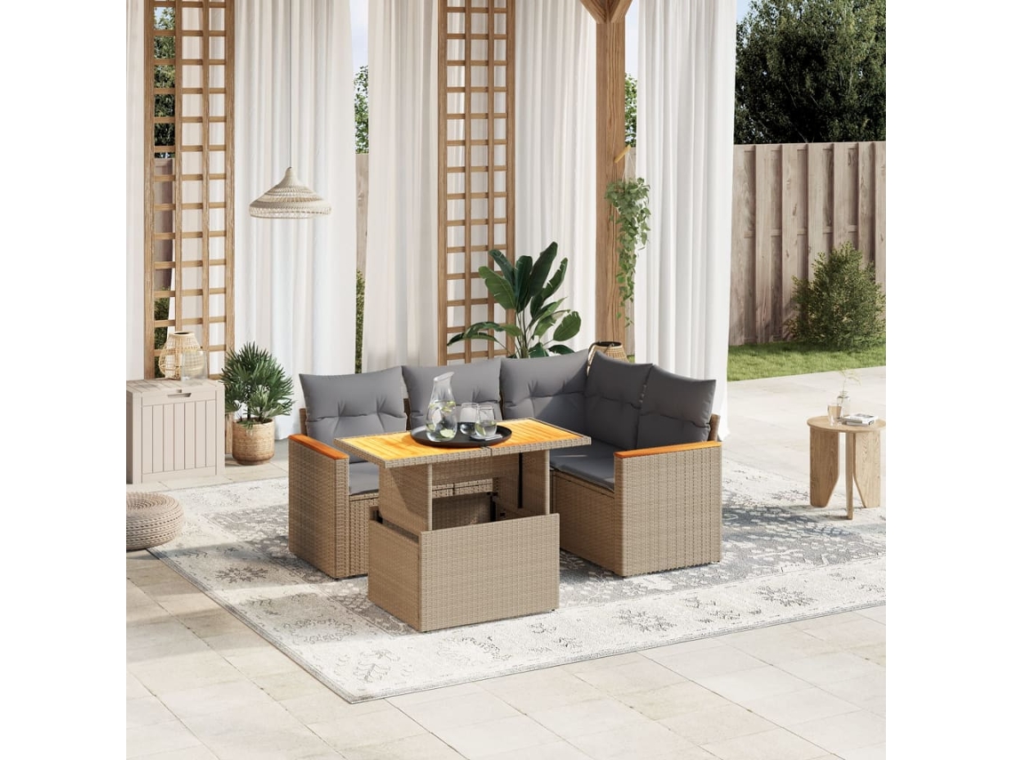 Vidaxl 5 Pcs Conjunto De Sofás P/ Jardim Com Almofadões Vime Pe Bege
