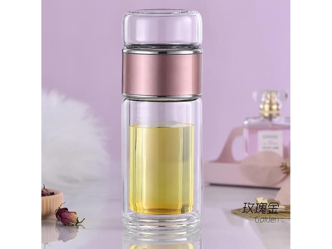Botella De Chá De Vidro Boro-silicato De Doble Camada Com Infusor Portátil Para Chá Verde, Branco E Floral 420ml Oro Rosa