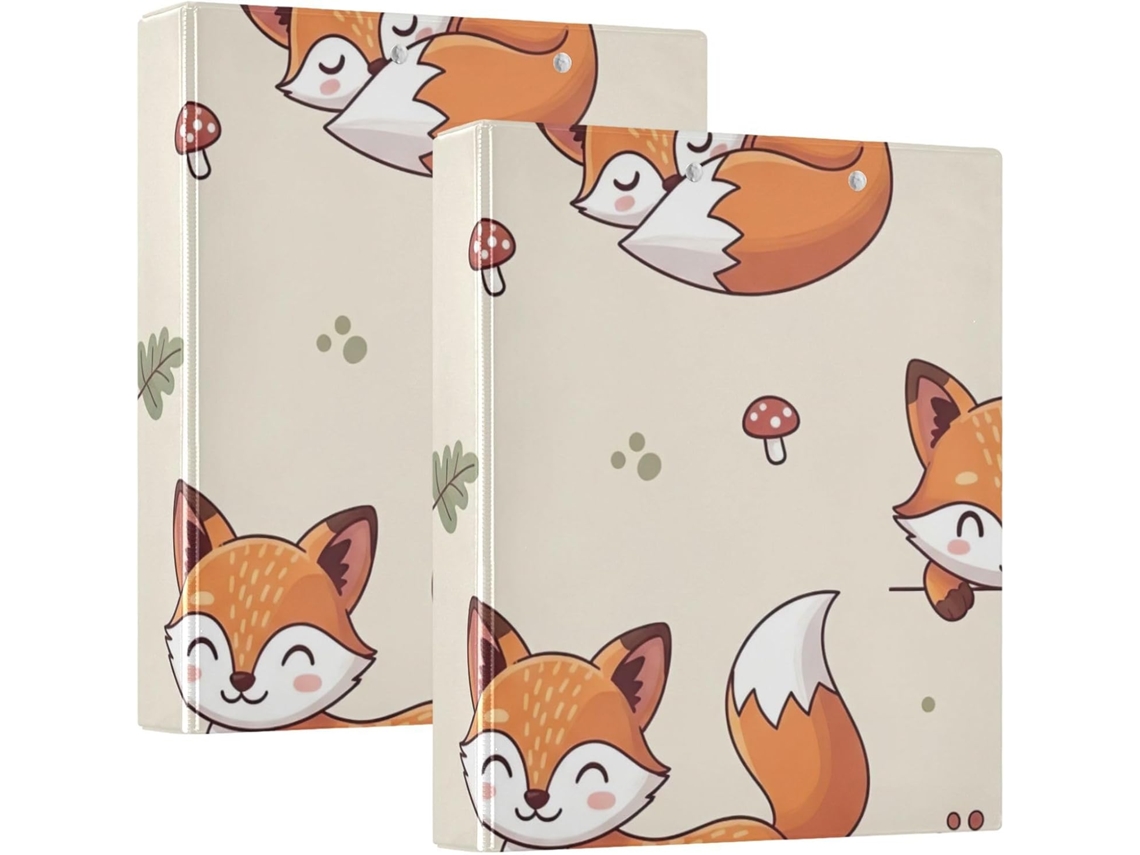 Pasta Argolas Estampada, Decorativa Com Bolsos, Para Escola, Ou Escritório, Raposa Desenho Animado, Bege