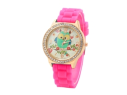 Relógio de Pulso Feminino com Padrão de Coruja Strass Pulseira de Silicone Rosa Vermelho