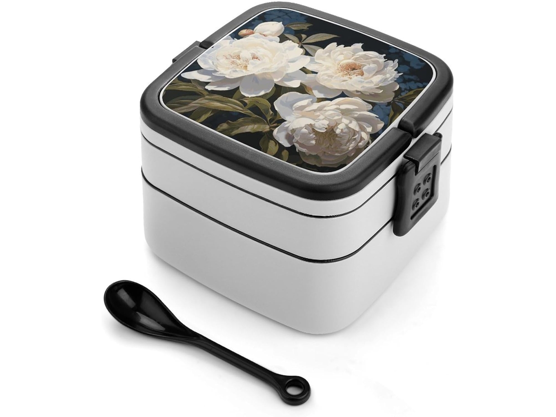 Marmita Bento White Peony De Camada Dupla, Design Moderno E Minimalista, Empilhável, À Prova De Vazamentos, Retangular
