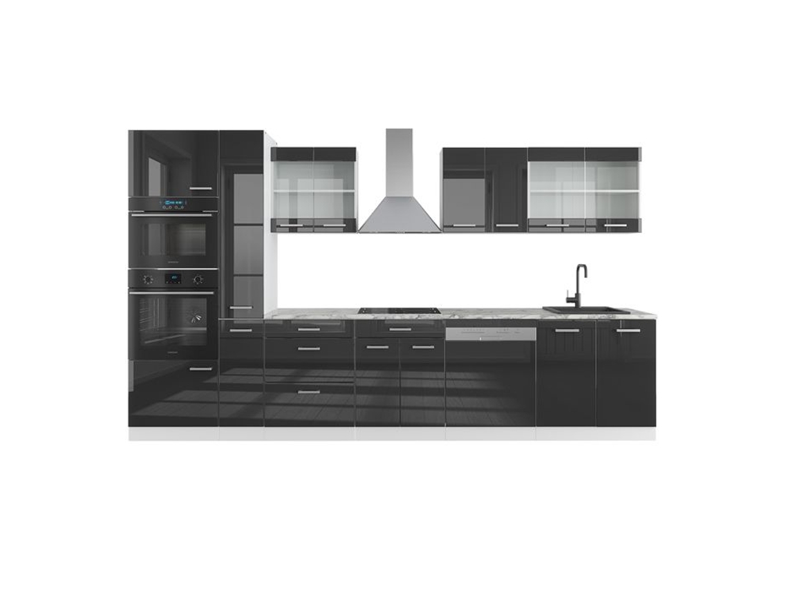 Linha de cozinha R-Line, 350 cm com armário alto, Mármore PT, Antracite brilhante/branco, Vicco