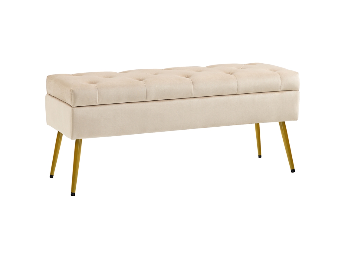 Banco baú em veludo, apoio de pés estofado com design capitonê, estrutura metálica 102x35x43 cm bege PONTOCASA