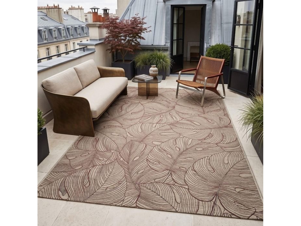 Tapete Exterior Interior Bege Bordeaux Padrão Folhagem 246x340
