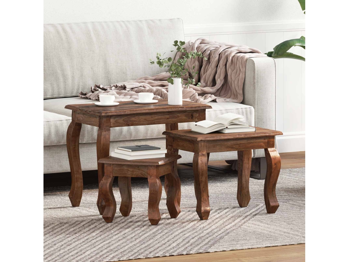 Vidaxl Mesa De Ninho 3 Unid. Castanho Madeira De Mogno Maciça