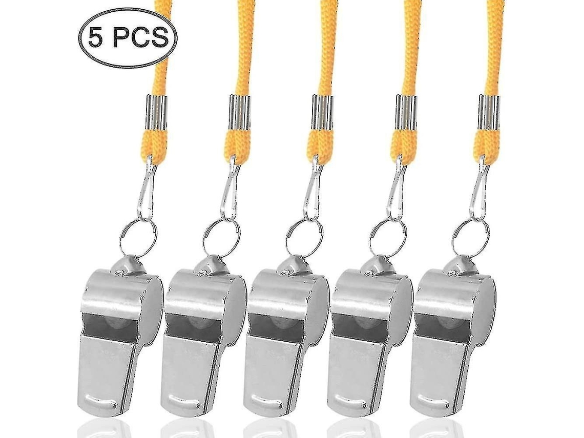 Apito De Árbitro Lurelia Pack 5 Peças Em Aço Inoxidável Com Cordão Preto/amarelo Para Treino Desportivo E Emergência