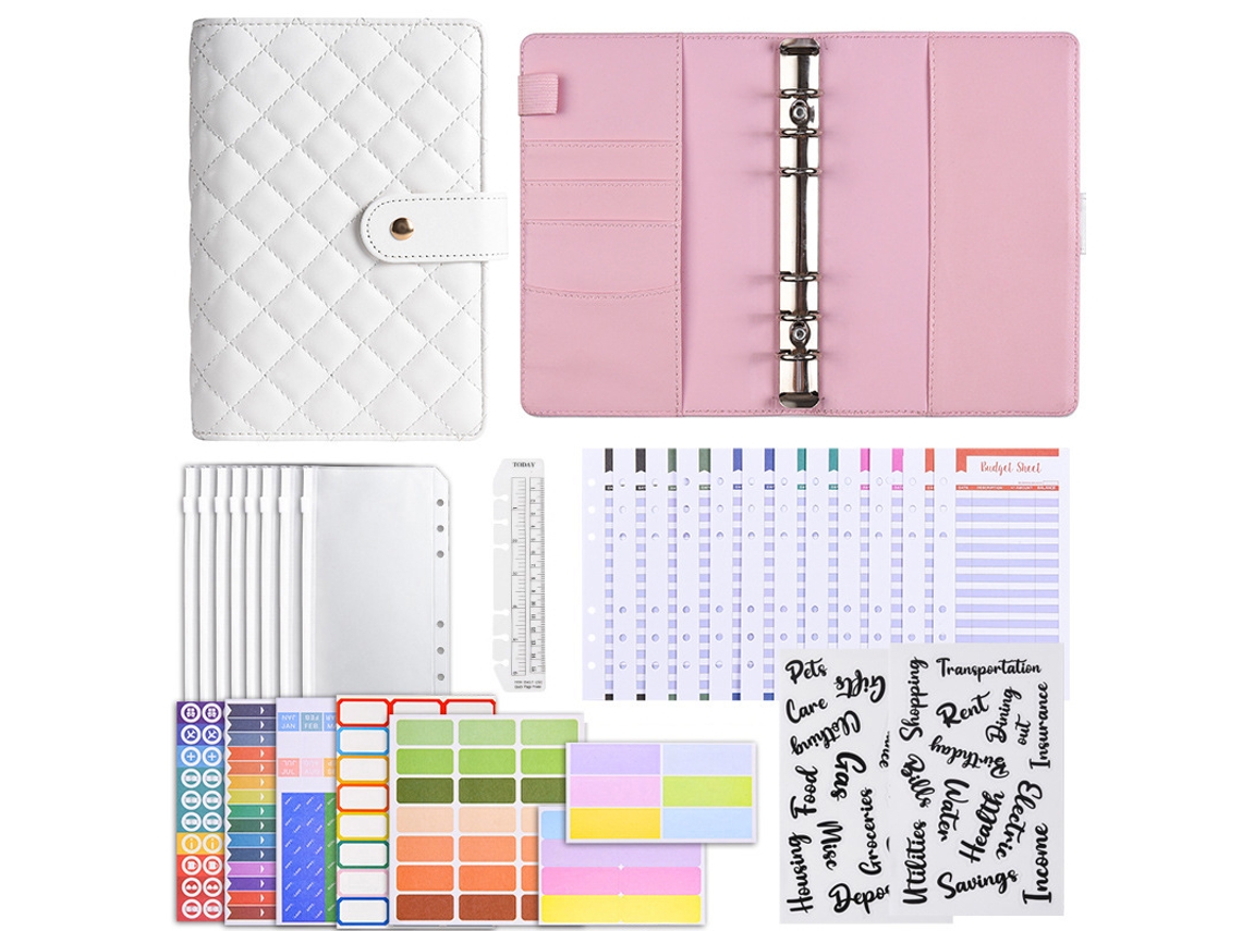 A6 Pu Leather Ring Binder Notebook For Budgeting Cash Tracking Luxury Gift Set Bread Style White With 12-budget Cards