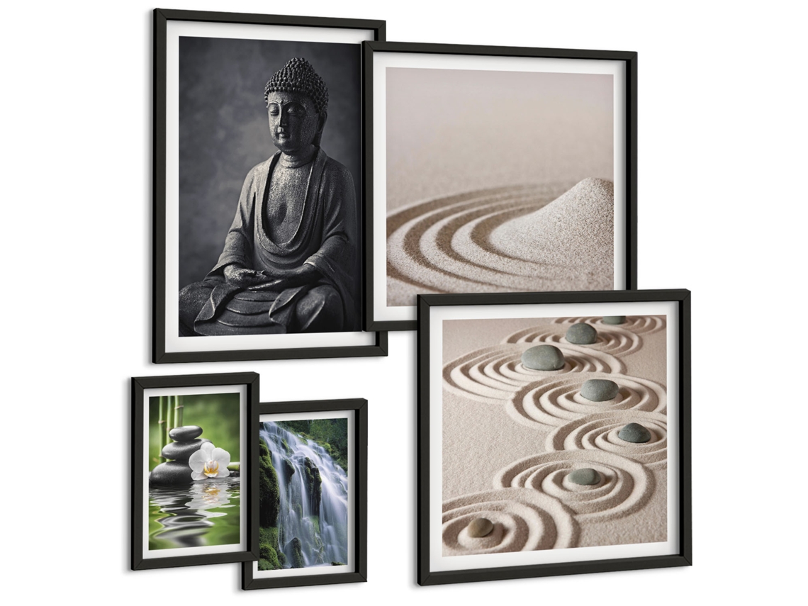 Quadros Decorativos Para Parede Padrões De Plantas Em Bege E Marrom Moldura Preta Quadros Para O Escritório Espelharte (conjunto De 5 Imagens)