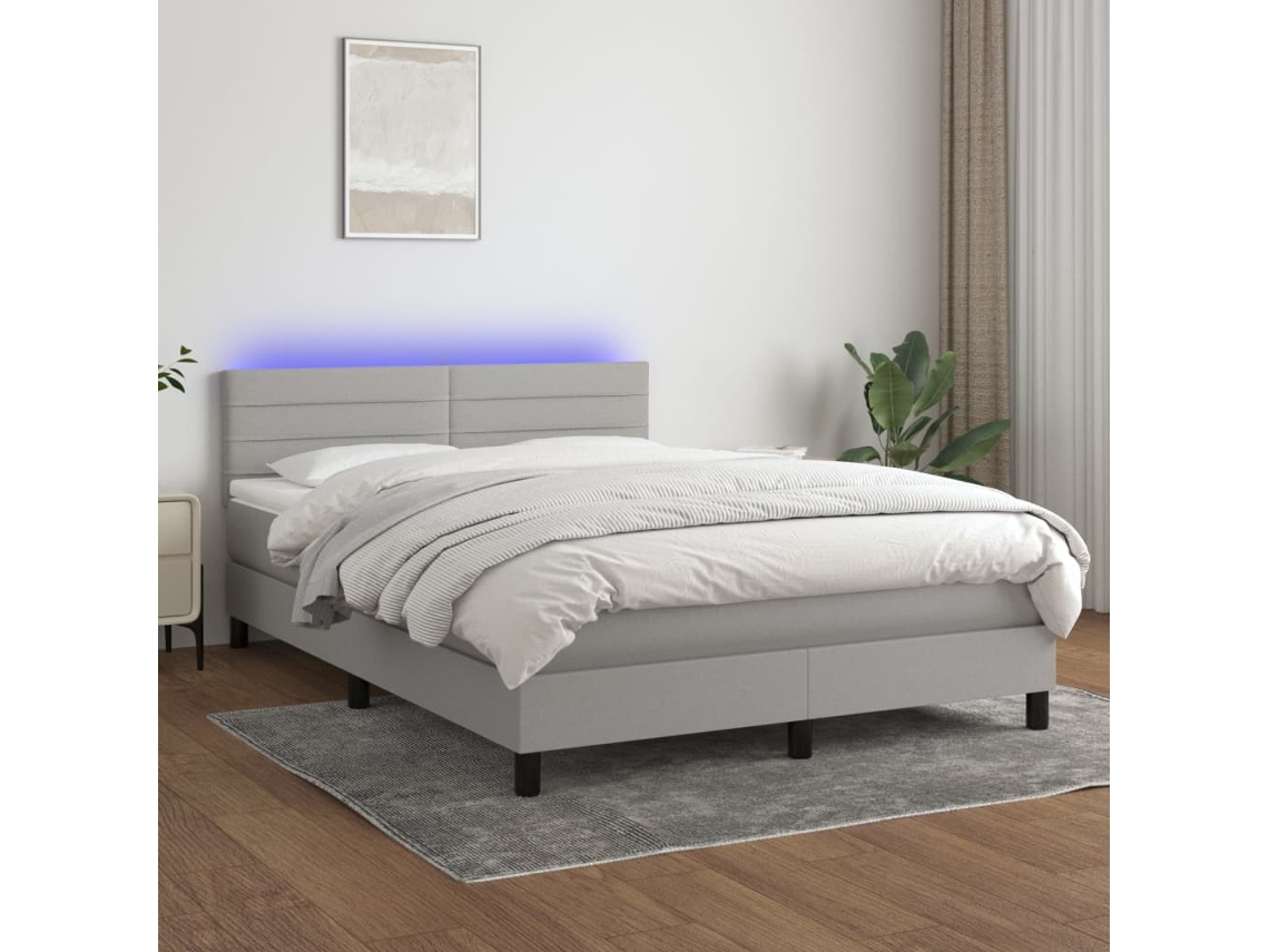 Vidaxl Cama Box Spring C/ Colchão E Led 140x200 Cm Tecido Cinza-claro