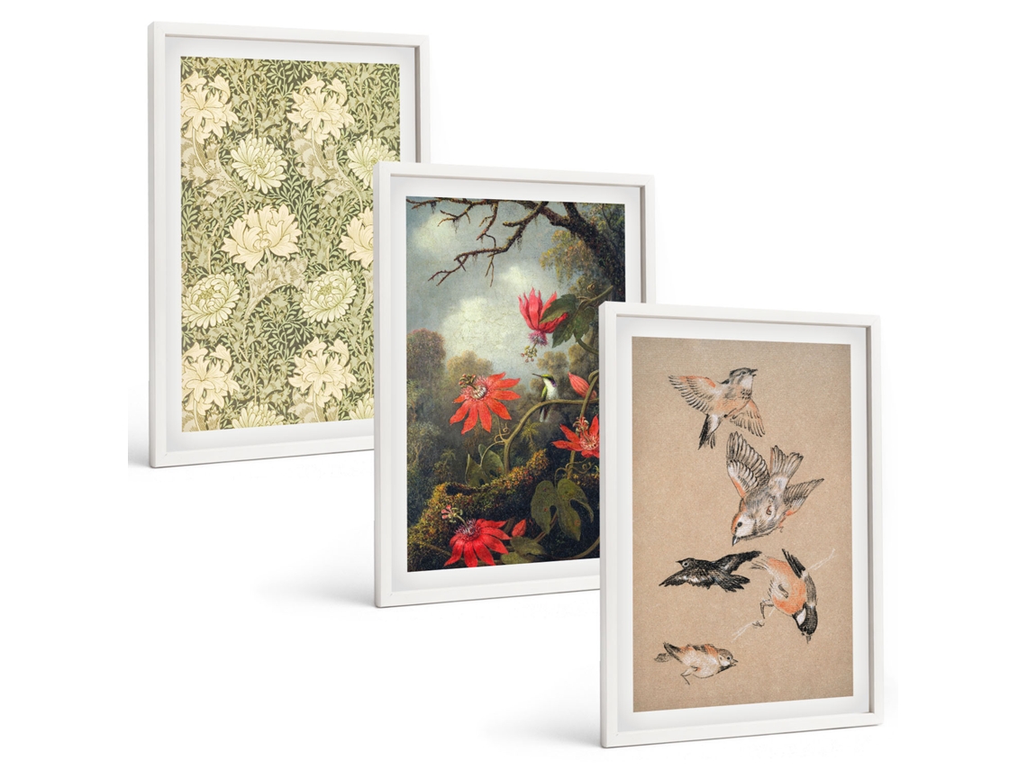 Composição De Quadros Na Parede Flores, Pássaros, Natureza, Natureza Moldura Branca Pinturas De Quarto Espelharte (3 Piezas De 40x60 Cm)