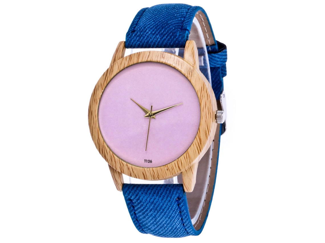 Relógio de Pareja Quartz com Dial Redondo Rosa e Pulseira de Tela Azul