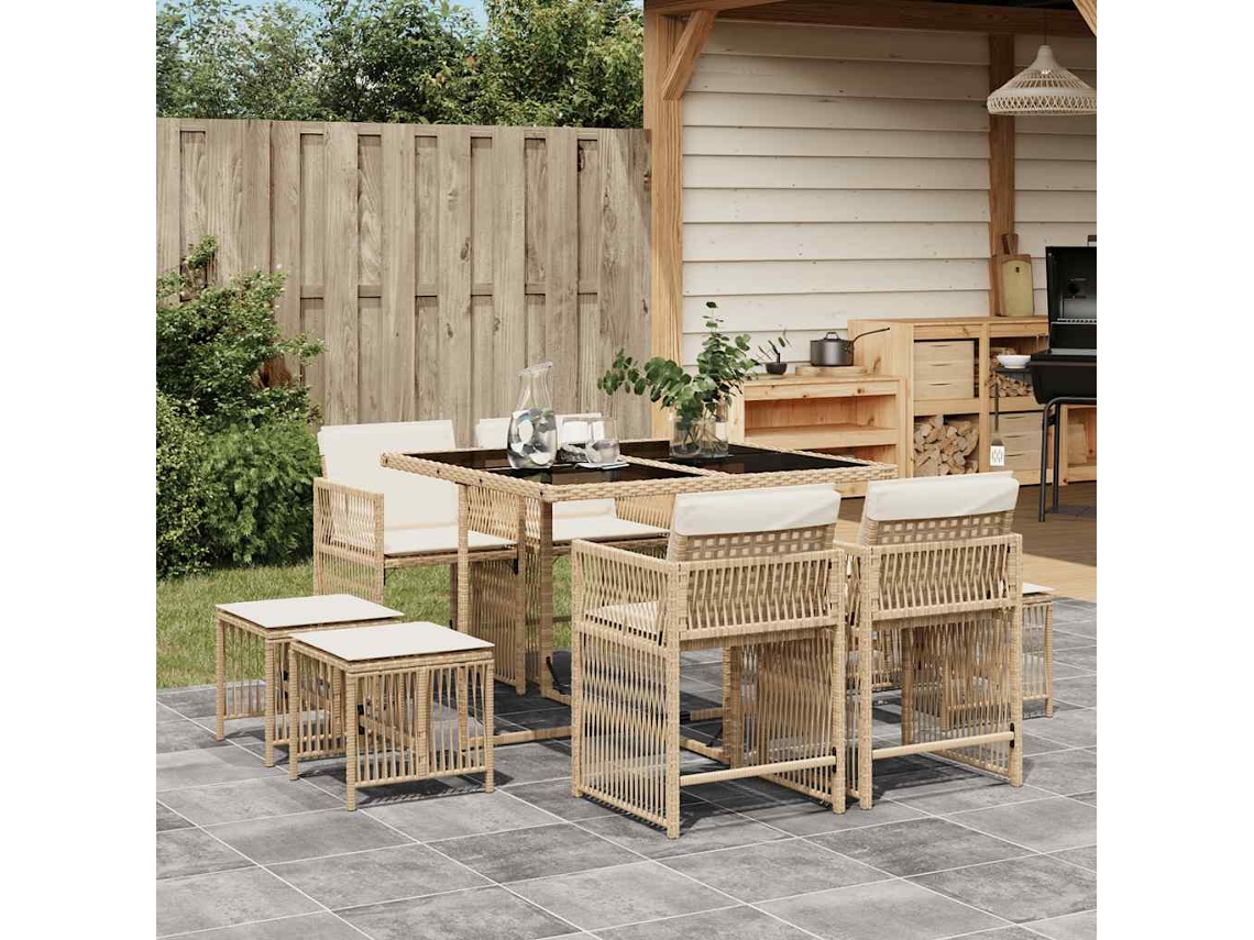 Vidaxl 9 Pcs Conjunto De Jantar P/ Jardim Com Almofadões Vime Pe Bege