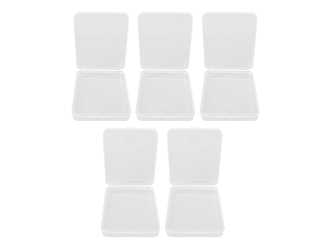 Conjunto de 5 pequenas caixas retangulares de plástico transparente com tampa dobrável para armazenamento multiuso.
