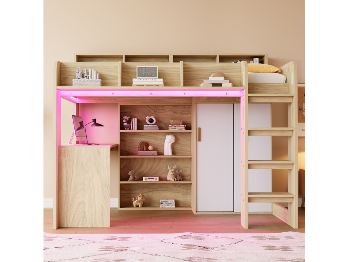 Cama Alta 90x200 Com Escrivaninha, Roupeiro, Led E Tomada