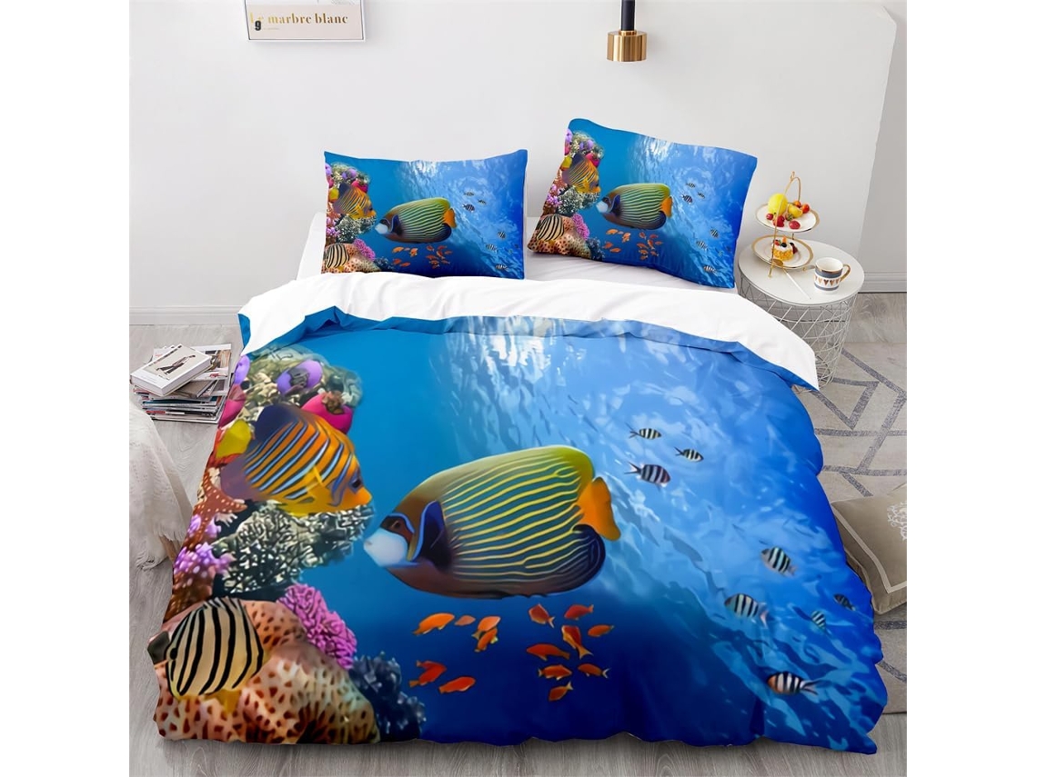 Capa de Edredom com Estampa 3d Animais Marinhos em Algodão Fronha 240x260cm