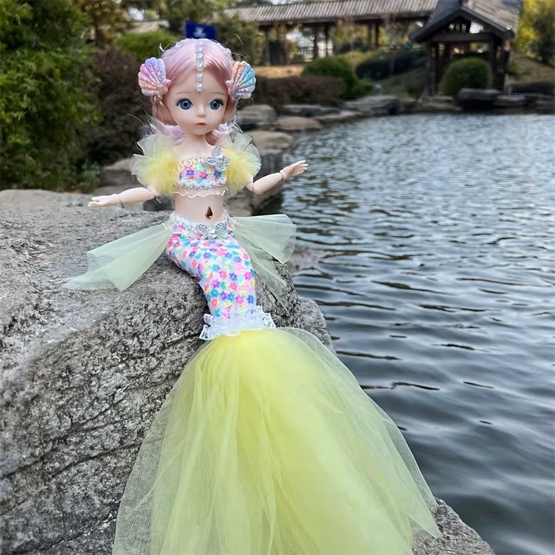 Boneca Sereia De 45cm Com Cauda Desdobrável E Vestido De Noiva Rosae