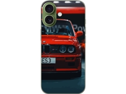Capa Para Celular Compatível Com Apple Iphone 17 Vermelha Com Estampa De Um Carro Esportivo Bmw M3, Vista Frontal Em Uma Garagem Escura.