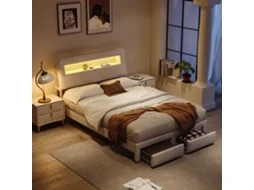 Cama De Casal Acolchoada 140x200 Cm Com Gavetas, Cabeceira Led E Portas Usb/type-c - Veludo Branco, Estrutura Metálica Reforçada, 300kg Capacidade