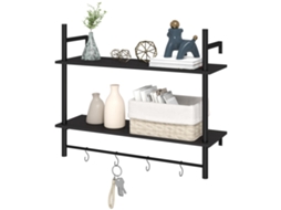 Estante De Parede De 2 Níveis Suspensa Com 4 Ganchos 2 Prateleiras E Estrutura De Metal 80x24x65 Cm Preto