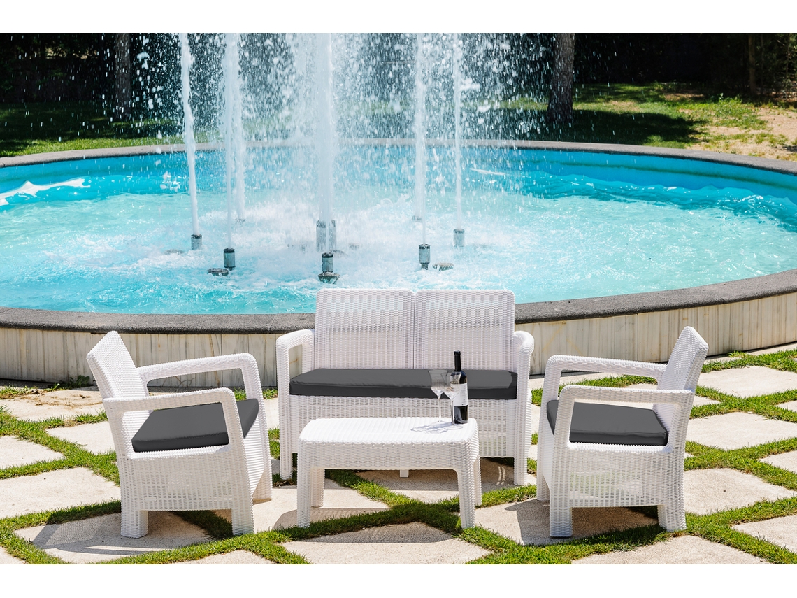 KETER Conjunto de jardim exterior TARIFA LOUNGE sofá + poltronas + mesa cadeiras de terraço de resina de alta resistência cor grafite