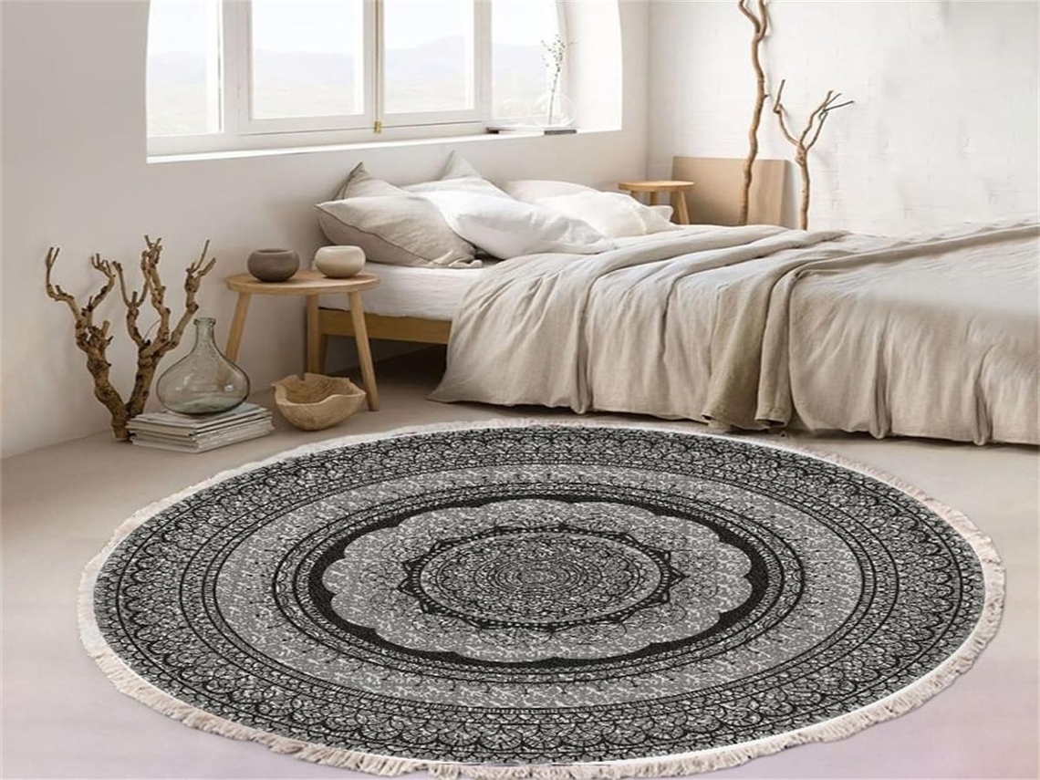 Lurelia Tapete Mandala Redondo Boémio Antiderrapante Lavável Absorvente Cinza 60 Cm