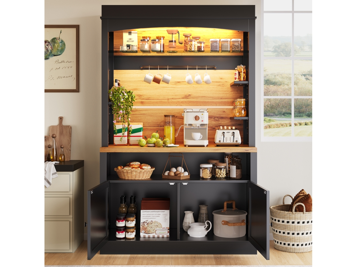 Móvel Alto De Cozinha Preto 107x43x184cm Envidraçado Com Iluminação Led E Prateleira Aberta Funcional E Estilizado