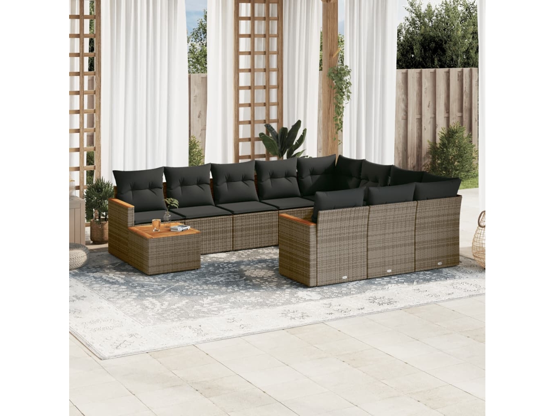 Vidaxl 11 Pcs Conjunto Sofás De Jardim C/ Almofadões Vime Pe Cinzento